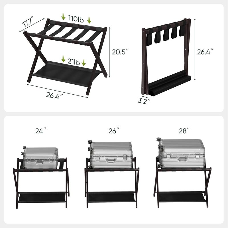 Smart FENDEE 2 Pack Luggage Rack, Folding Luggage Rack for Guest Room, Brown Bamboo Suitcase Stand Holds up to 131 lb, Luggage Stand with Storage Shelf for Hotel, Bedroom - Image 3